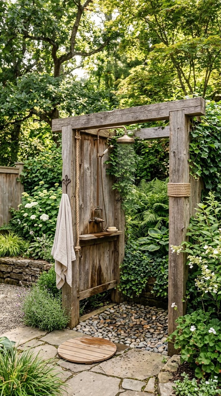 A rustic outdoor shower made of wood and stone surrounded by green trees and plants in a garden.