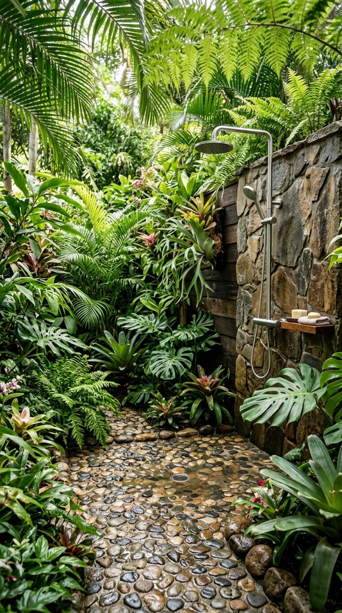 An outdoor garden shower with a pebble floor surrounded by green plants and sunlight.