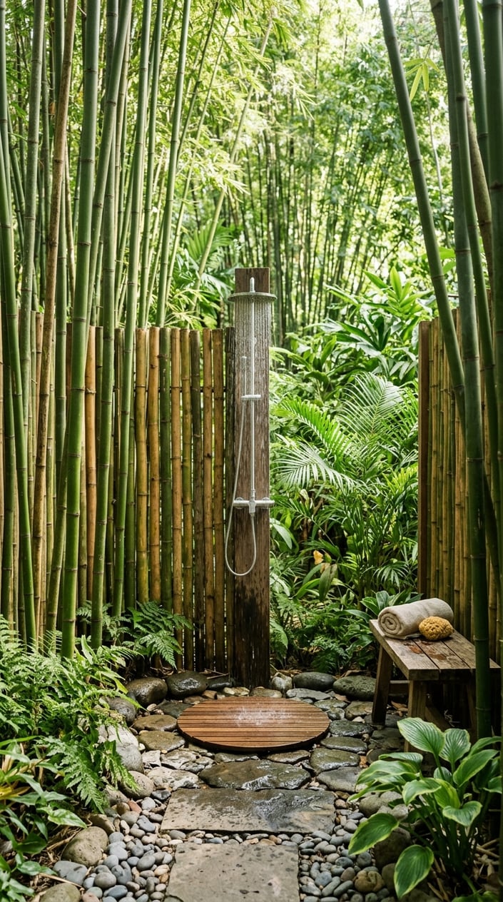 An outdoor shower enclosed by a bamboo screen with green plants and natural stone flooring.