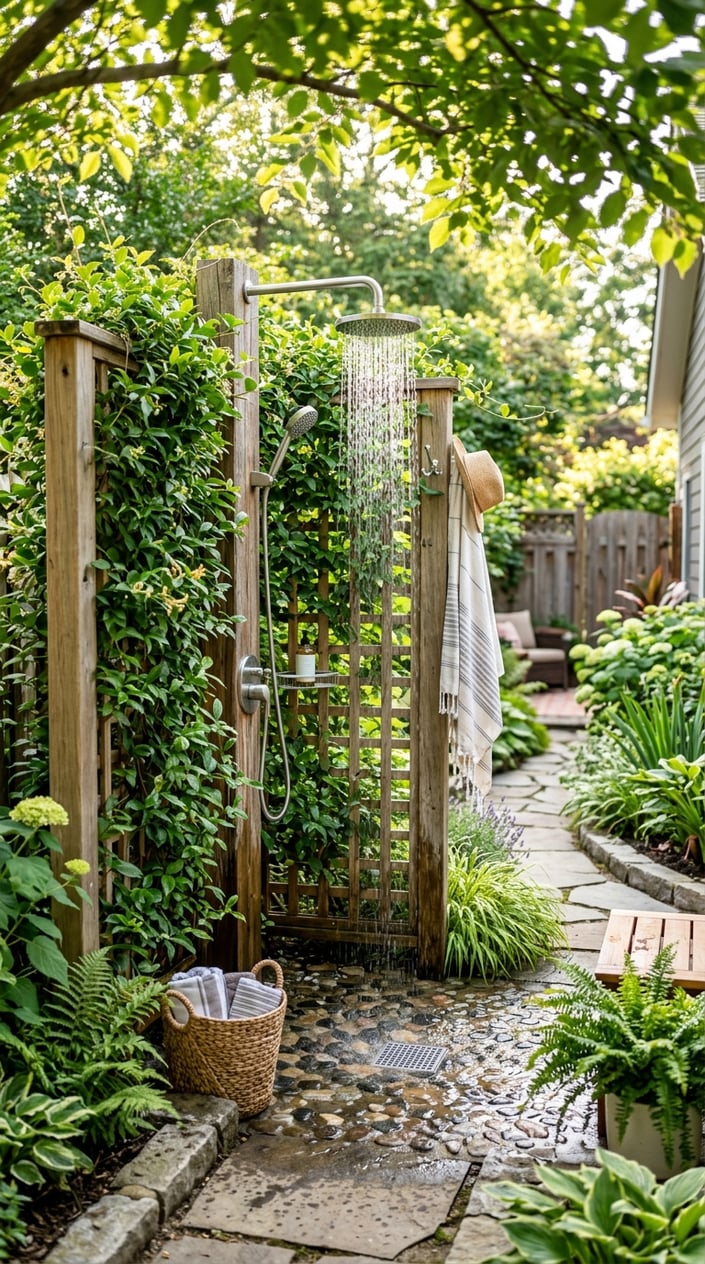 Outdoor shower with a wooden trellis covered in green climbing vines, surrounded by garden plants and sunlight.