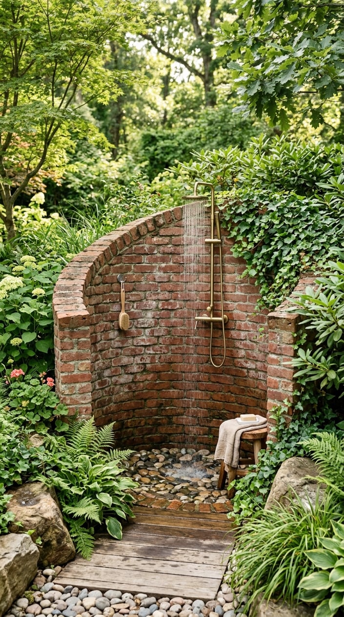 An outdoor shower nook made of rustic red bricks with a metal showerhead, surrounded by green plants and natural stones.