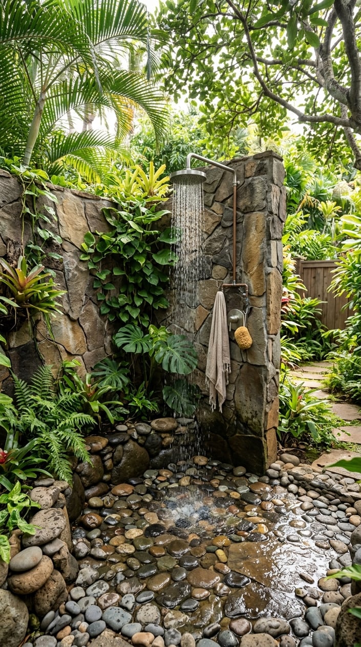 Outdoor shower corner made of natural stone and river rocks surrounded by green plants with water flowing from a showerhead.