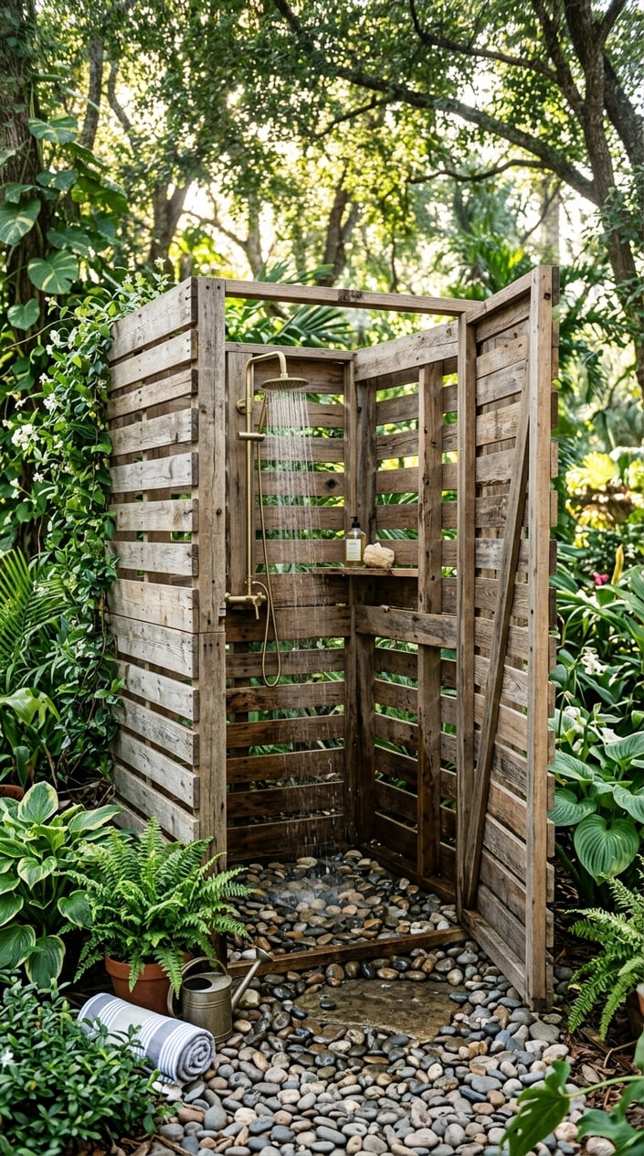 An outdoor shower enclosure made from pallet wood surrounded by greenery and sunlight.