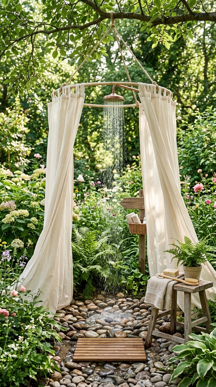 A portable outdoor shower made from a hula hoop frame with curtains set up in a green garden surrounded by plants and flowers.