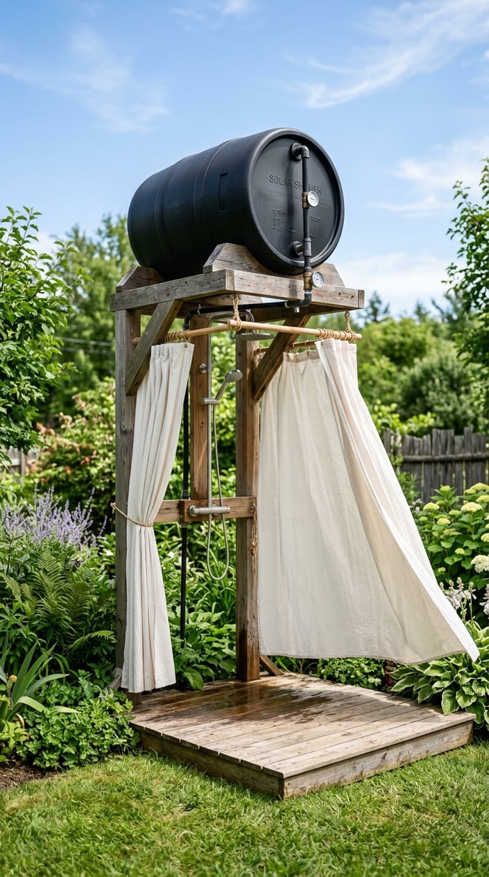 An outdoor solar barrel shower with a privacy curtain surrounded by greenery and wooden decking.