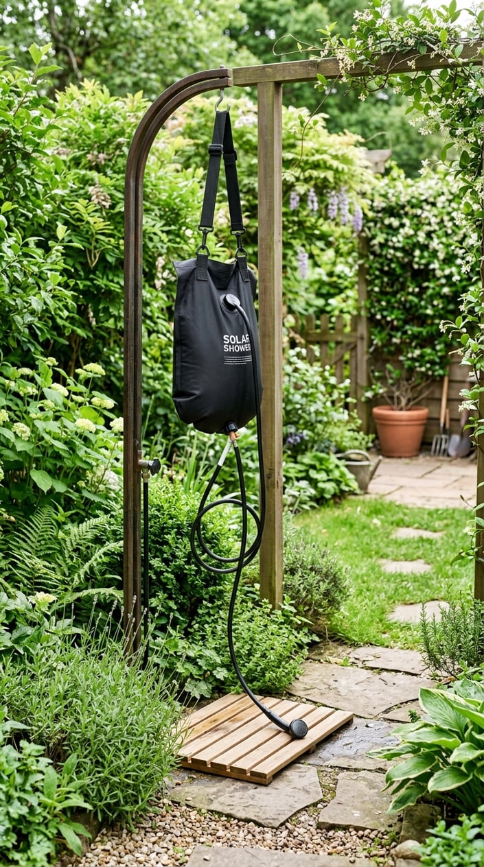 A solar shower bag hanging in a small garden surrounded by green plants and stone pathways.