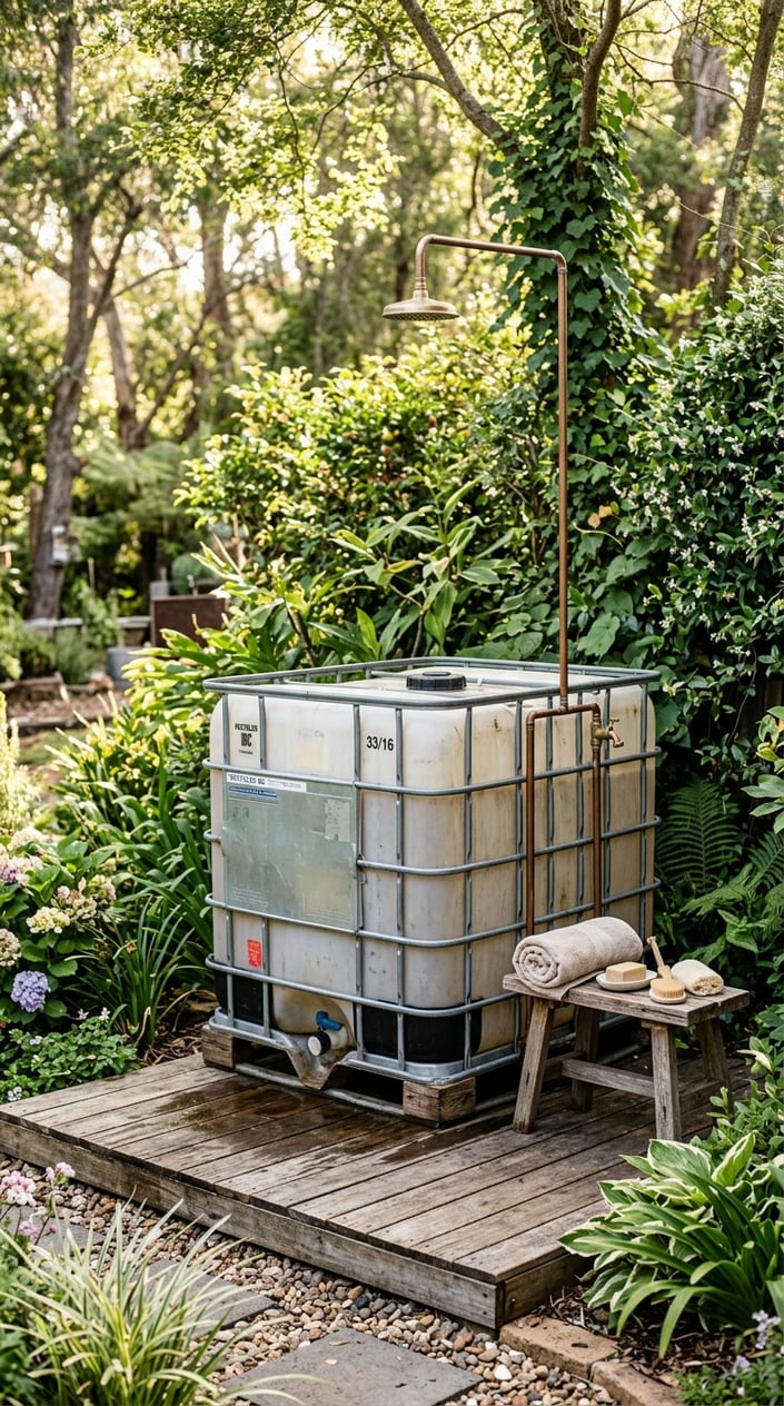 Outdoor shower made from a recycled IBC tank surrounded by greenery and wooden decking.