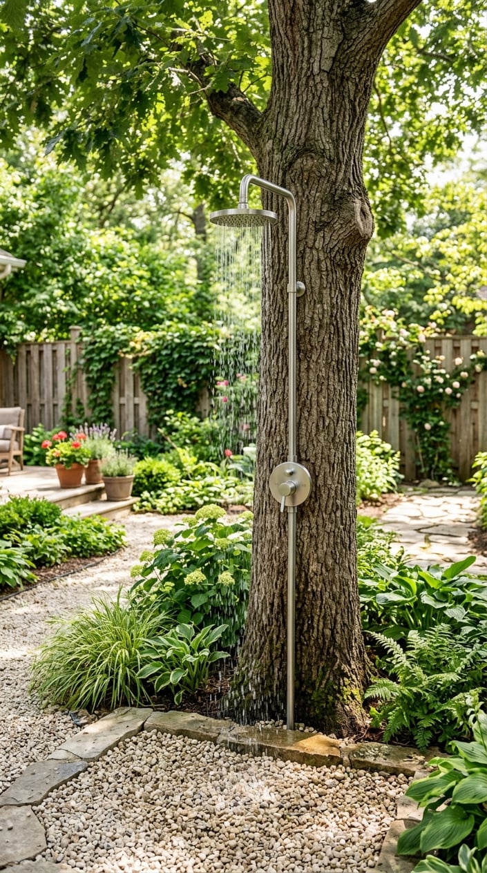 An outdoor shower mounted on a tree with water flowing and gravel drainage beneath, surrounded by grass and plants.