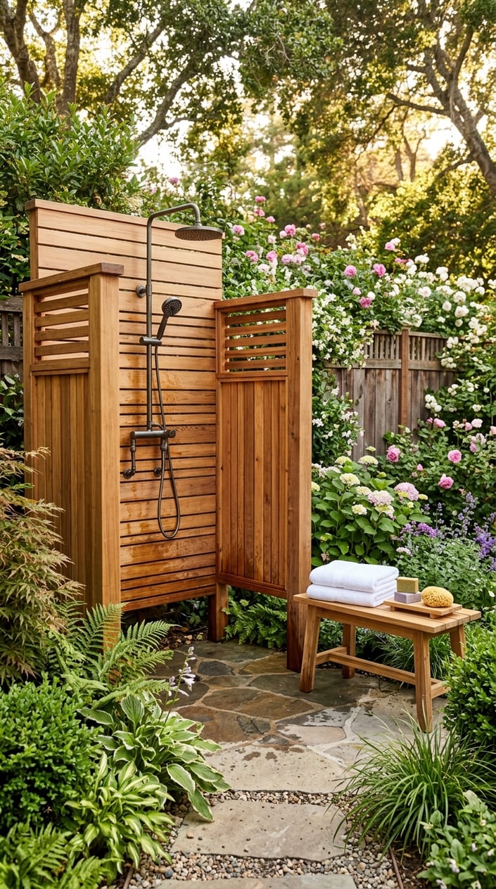 An outdoor shower setup with wooden enclosure, metal fixtures, plants, stone flooring, and a wooden bench with towels in a backyard.