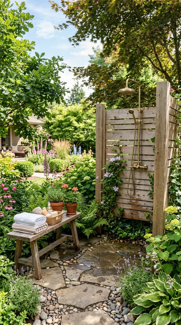 A backyard with a wooden outdoor shower surrounded by green plants and colorful flowers, with a wooden bench nearby and sunlight filtering through trees.