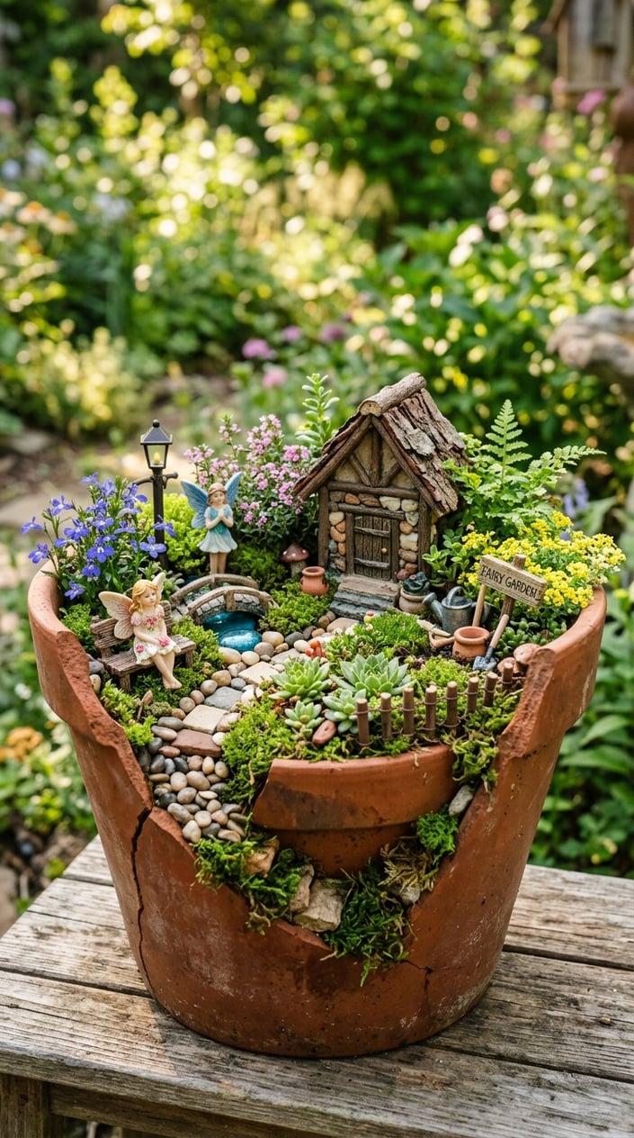 A broken terracotta pot filled with a miniature fairy garden including moss, tiny flowers, fairy houses, and small figurines.