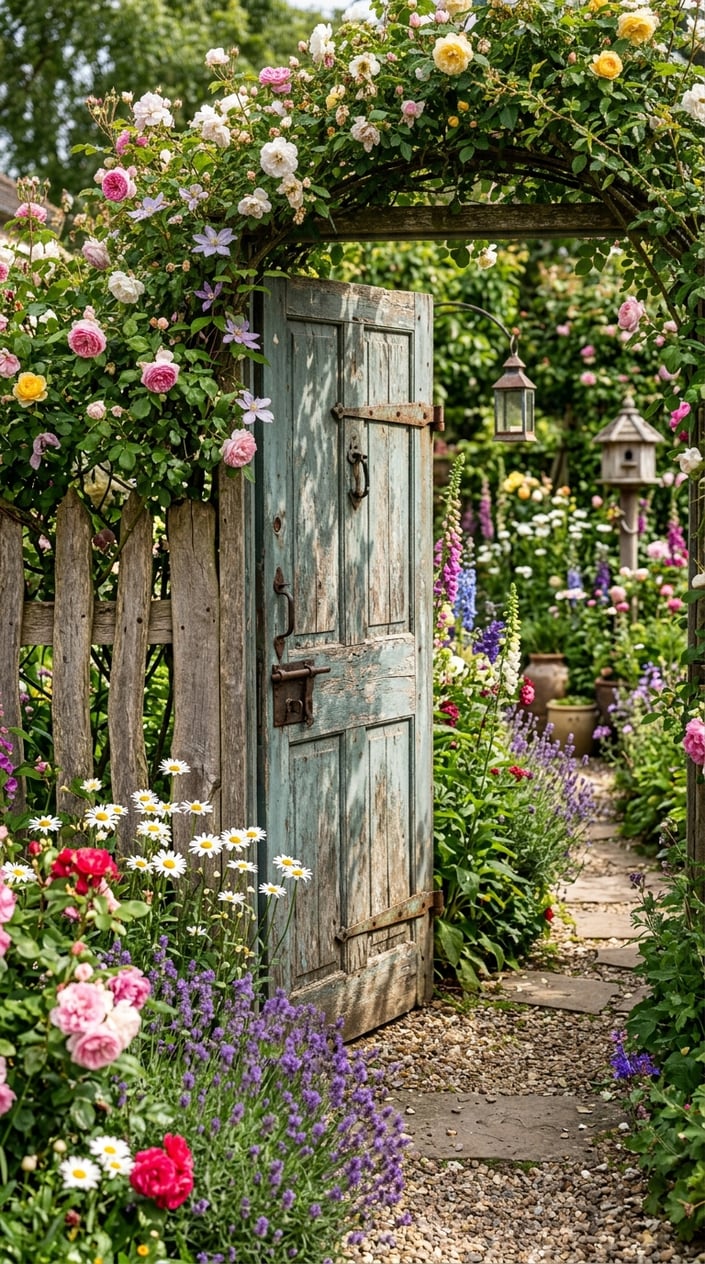 An old wooden door set into a garden fence surrounded by green plants and colorful flowers.