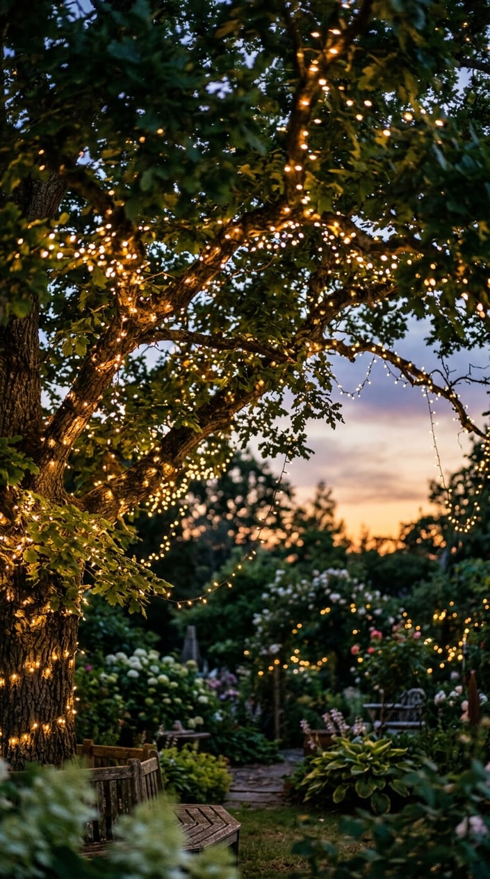 Warm white fairy lights hanging through the branches of a tree in a garden at twilight.