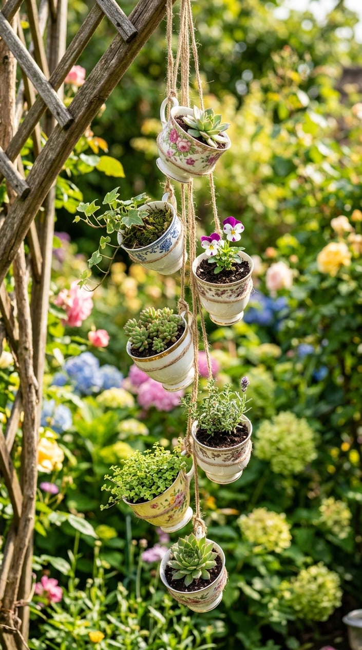 Several vintage teacups hanging outdoors, each holding small green plants, surrounded by garden greenery.