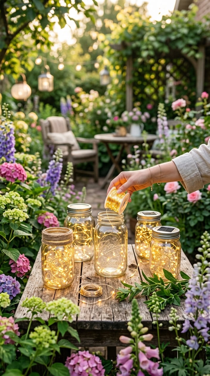 Mason jars being filled with glowing solar string lights on a wooden table in a garden surrounded by plants and flowers.