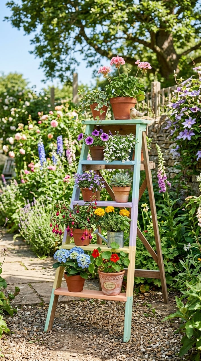 A painted wooden step ladder used as a plant stand holding various potted plants in a sunny garden.