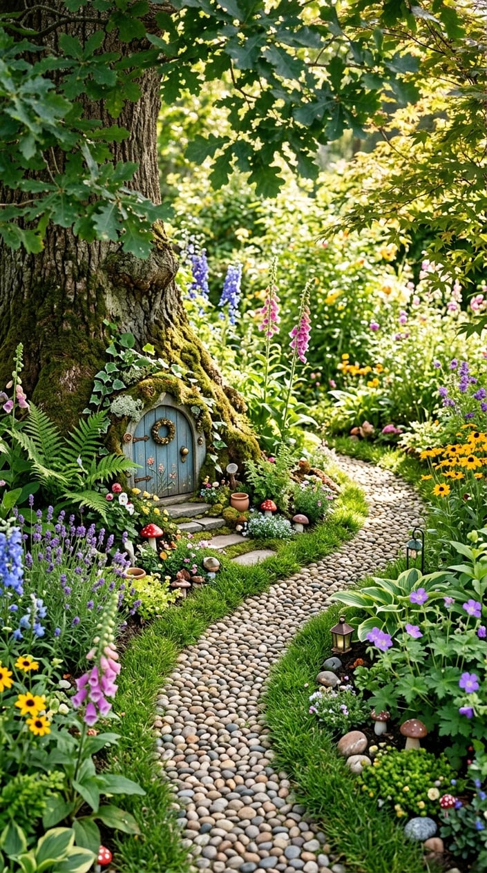 A pebble pathway in a garden leads to a small fairy door at the base of a tree surrounded by flowers and greenery.