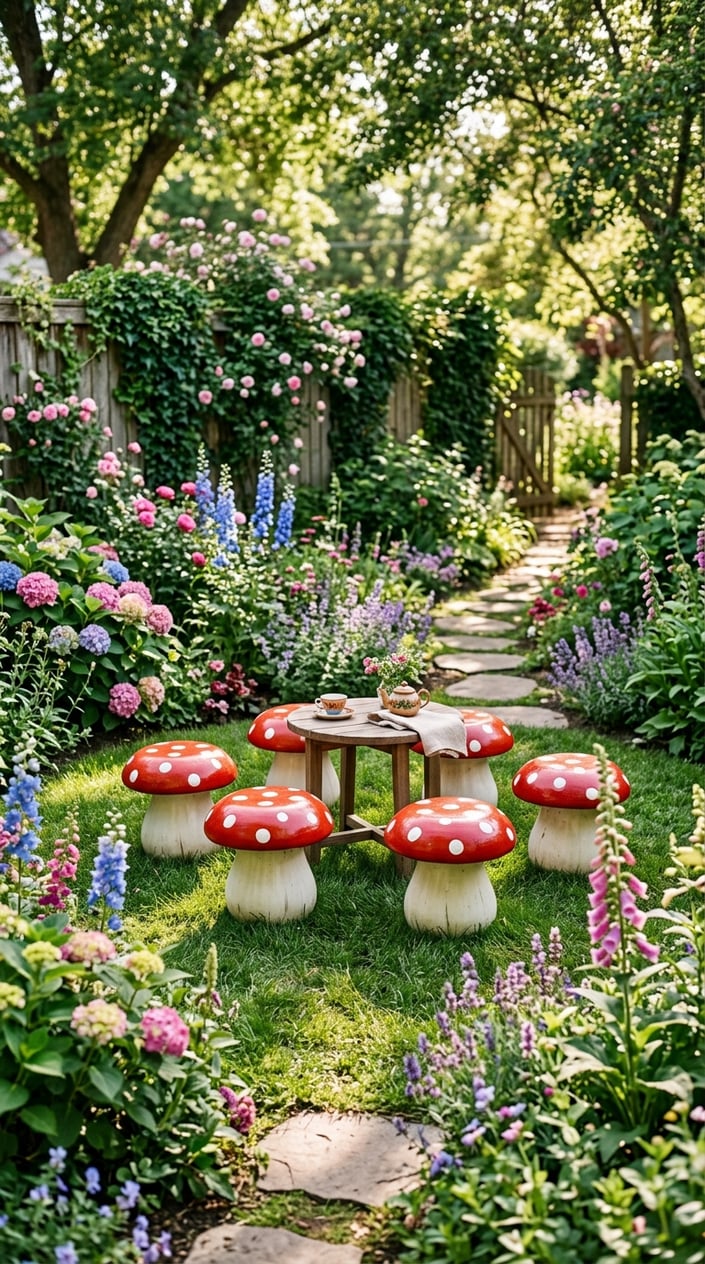 A garden with colorful mushroom-shaped stools arranged on green grass surrounded by flowers and plants.