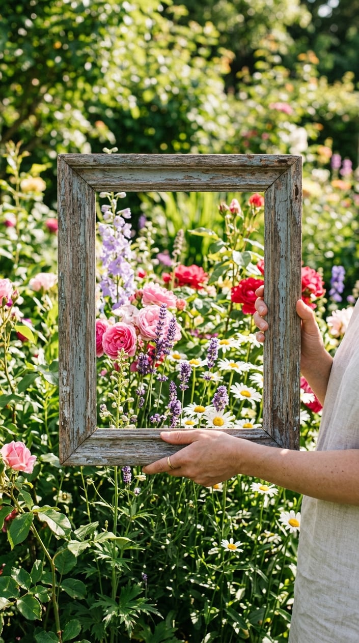 An empty vintage wooden picture frame positioned around colorful blooming flowers in a garden setting with green plants in the background.