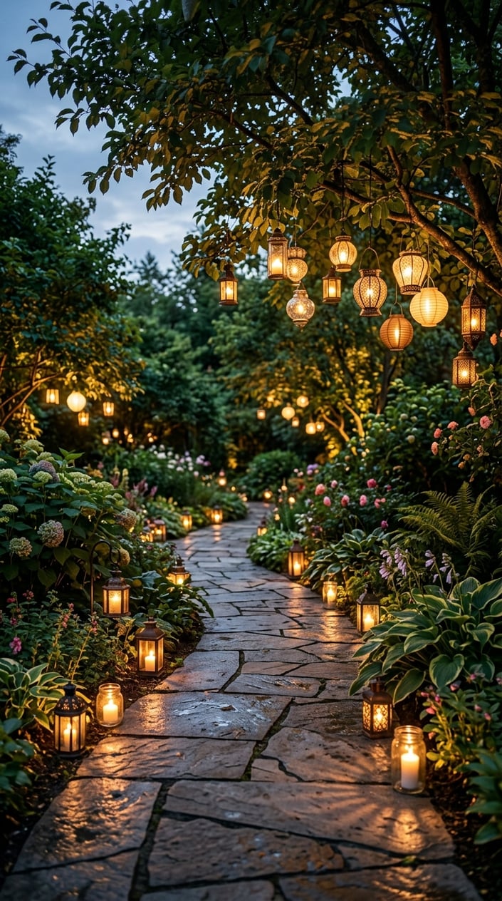 A garden path lined with glowing lanterns hanging from trees and placed along the walkway, surrounded by green plants and flowers in the evening.