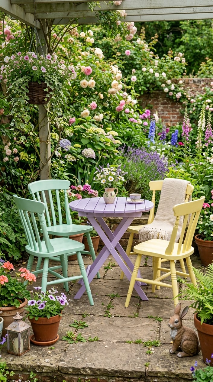 A garden patio with pastel-colored painted furniture surrounded by green plants and flowers.