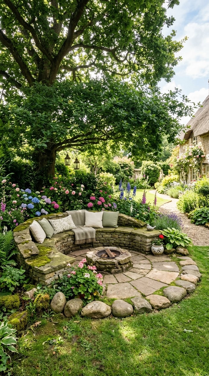 A stone circle seating area beneath a large tree surrounded by green grass and colorful flowers in a garden.