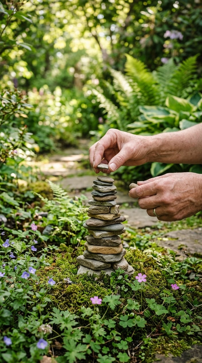 Hands stacking flat stones into a small tower surrounded by green plants in a garden.
