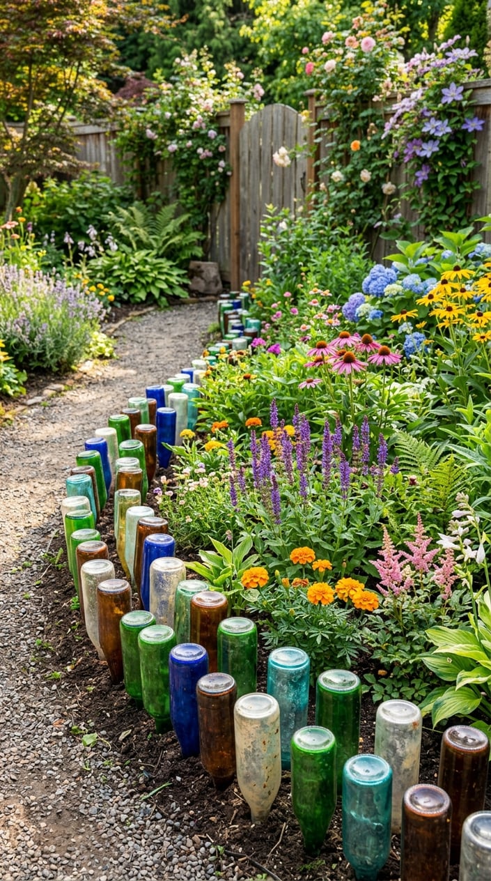 A garden border made from colorful old glass bottles surrounded by blooming flowers and green plants.