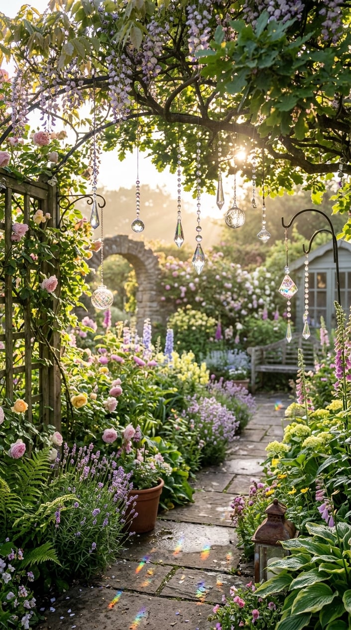A garden with crystal suncatchers hanging from branches, sparkling in the morning sunlight among green plants and flowers.
