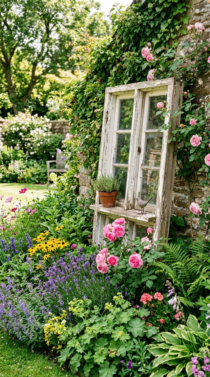 A vintage wooden window frame used as a backdrop behind a colorful flower bed in a garden.