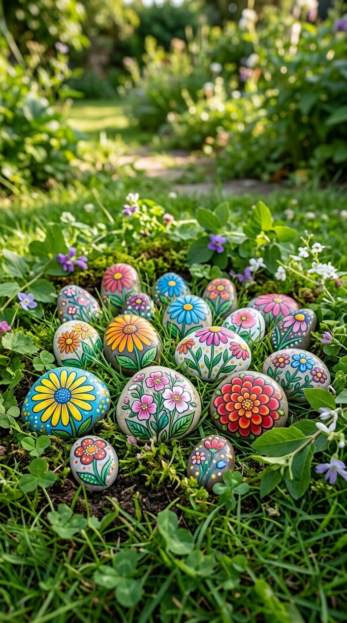 A group of river rocks painted as colorful garden flowers arranged on grass with plants around them.