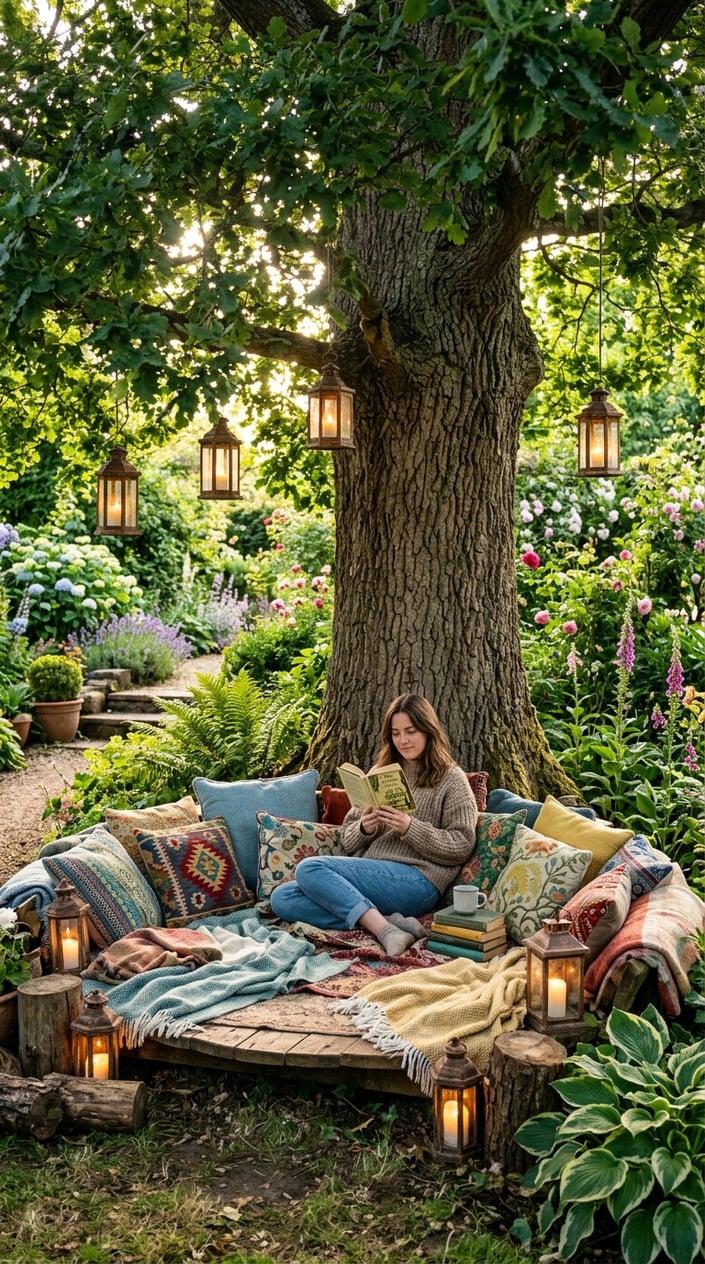 A cozy reading nook at the base of a tree with cushions and lanterns surrounded by green plants and flowers.