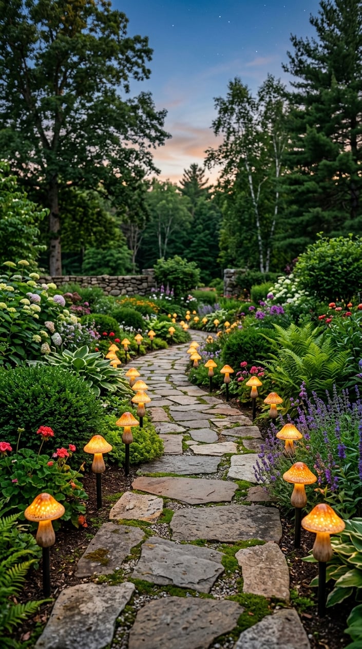 A curved garden path lined with glowing solar mushroom stake lights surrounded by plants and flowers at twilight.
