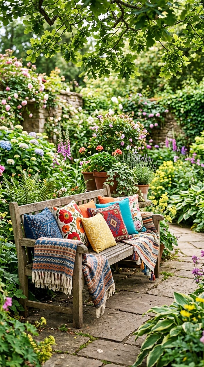 An outdoor bench in a garden with colorful cushions and patterned throws surrounded by green plants and flowers.