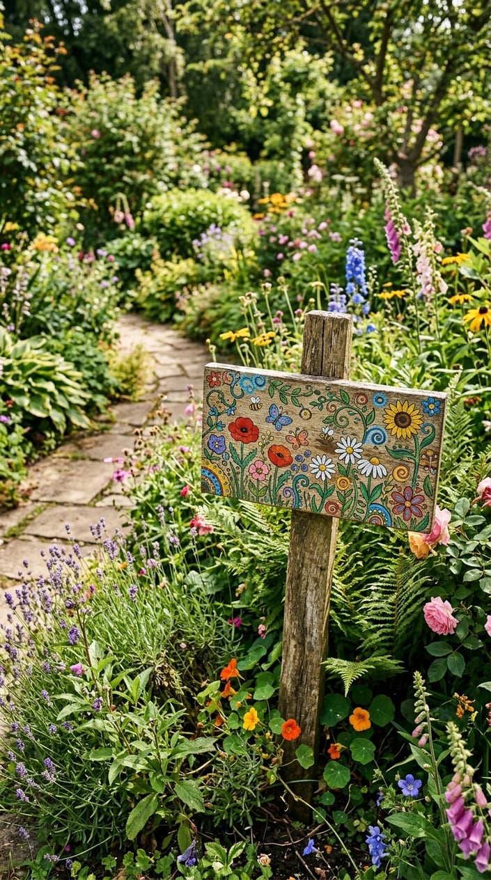 A colorful hand-painted garden sign placed among green plants and flowers in a garden corner.