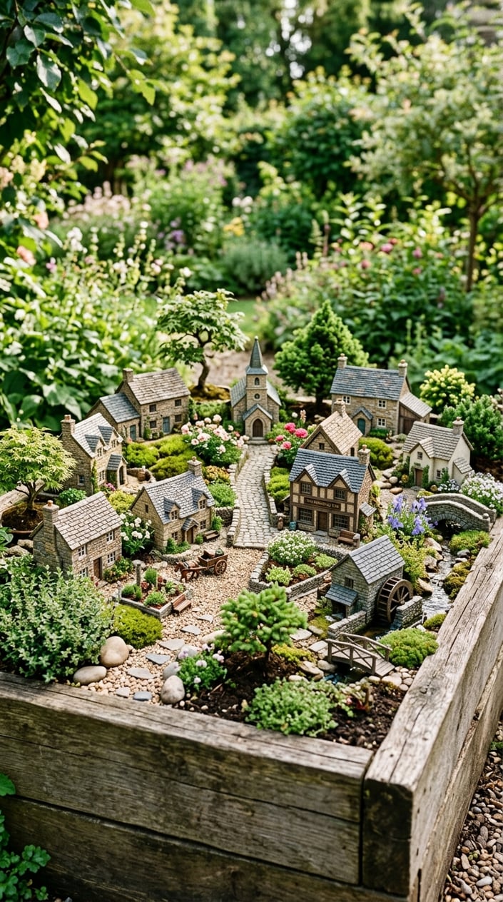 A miniature stone village arranged inside a raised wooden garden bed with small plants and moss surrounding the tiny houses.