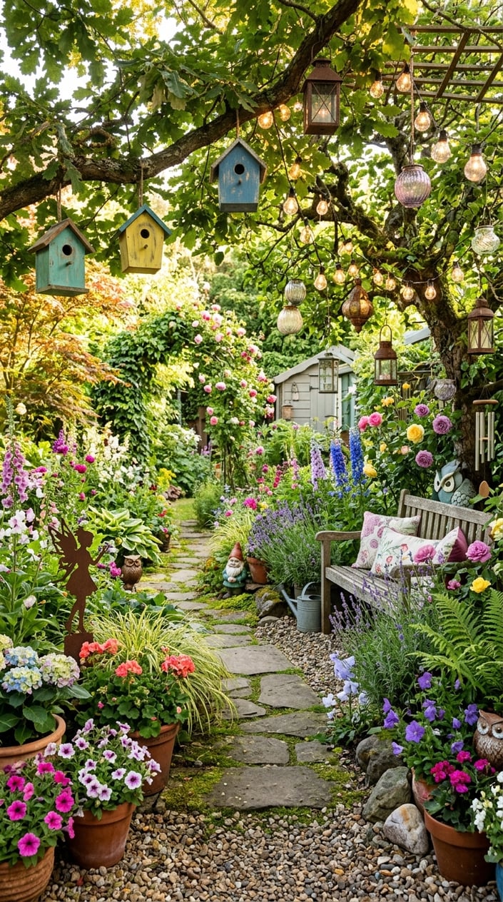 A colorful garden with flowers, winding stone paths, garden decorations, and a wooden bench surrounded by green plants under soft sunlight.