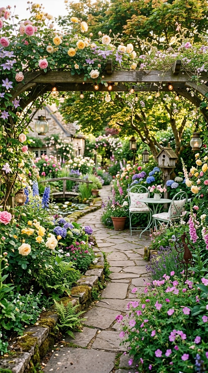 A colorful garden with flowers, stone paths, wooden arches, lanterns, and cozy seating areas surrounded by greenery.