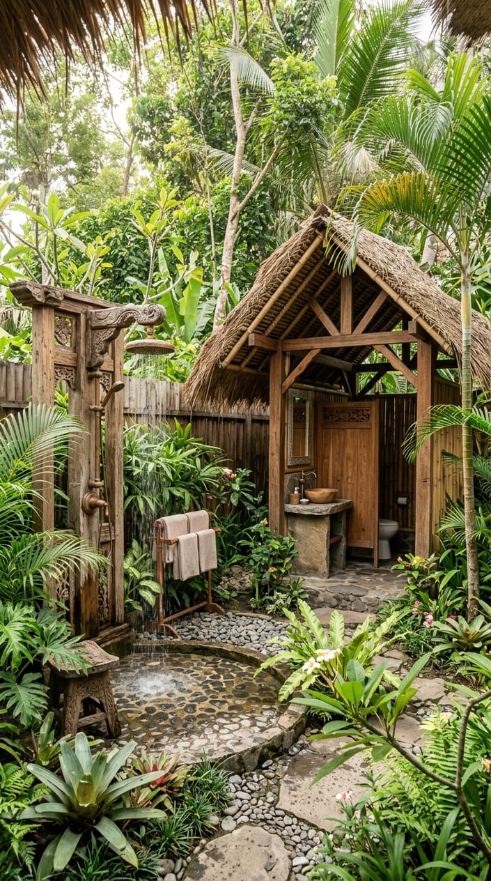 Outdoor teak wood shower next to a thatched-roof toilet pavilion surrounded by tropical plants.