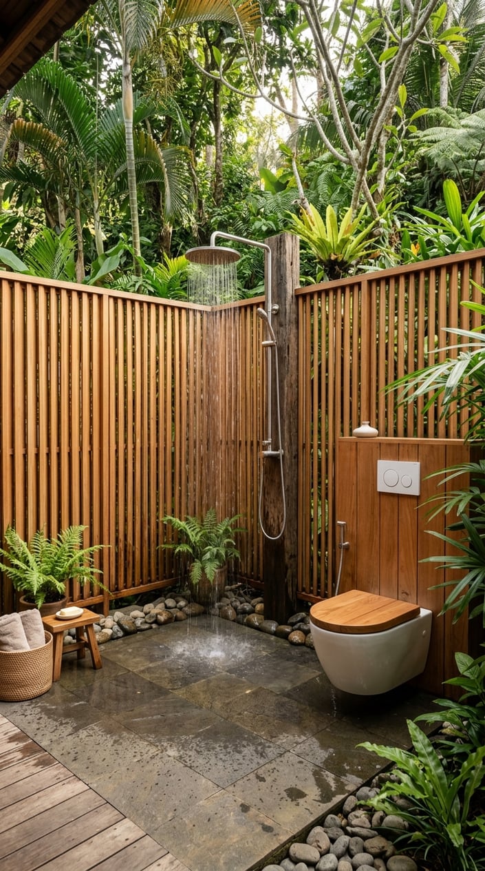 Outdoor cedar wood slat enclosure with a rain shower and a hidden toilet surrounded by greenery.