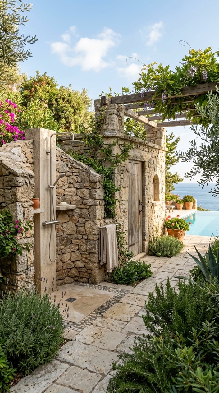 Outdoor poolside shower and toilet area with stone walls surrounded by greenery.