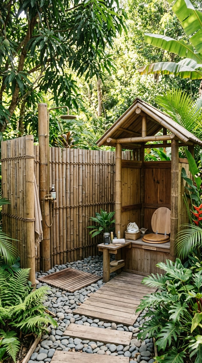 Outdoor shower area enclosed by bamboo privacy screen next to a composting toilet nook surrounded by greenery.