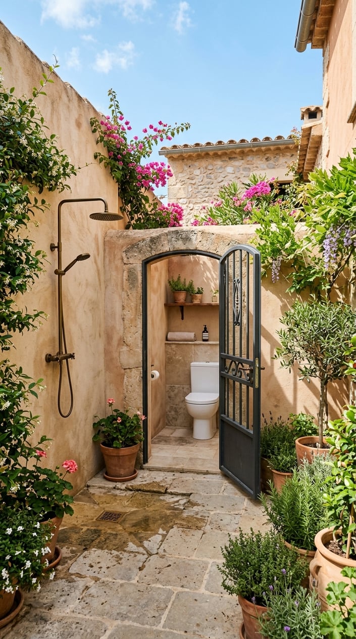 Outdoor Mediterranean courtyard with a stucco shower area and a dark metal gate leading to an outdoor toilet surrounded by plants.