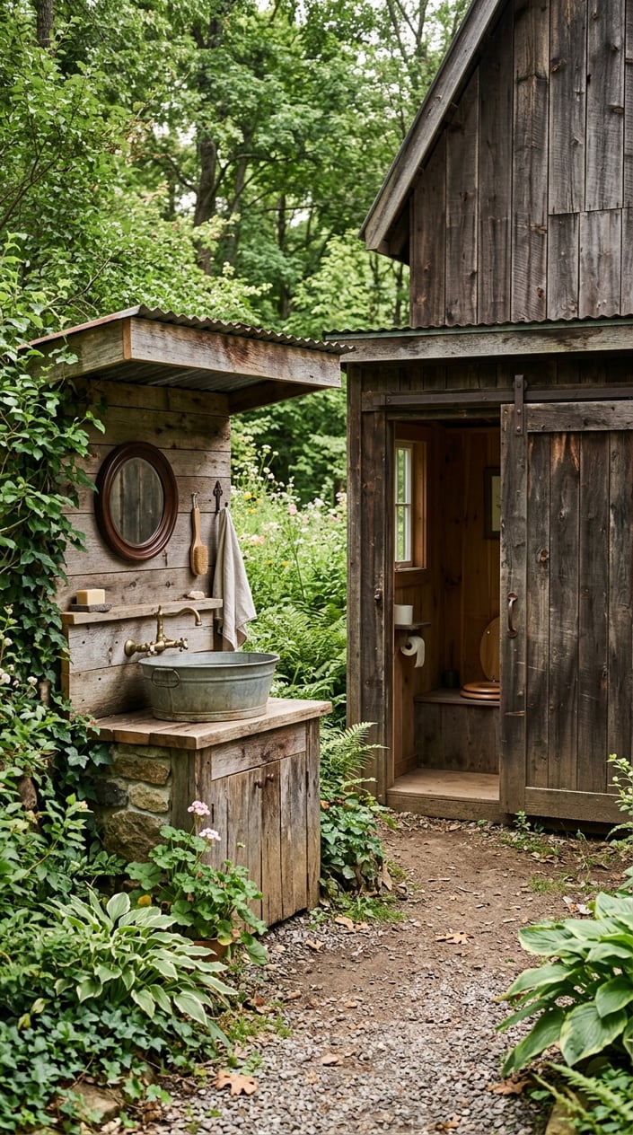 Outdoor rustic wash station with a wooden barn-door toilet stall surrounded by greenery.