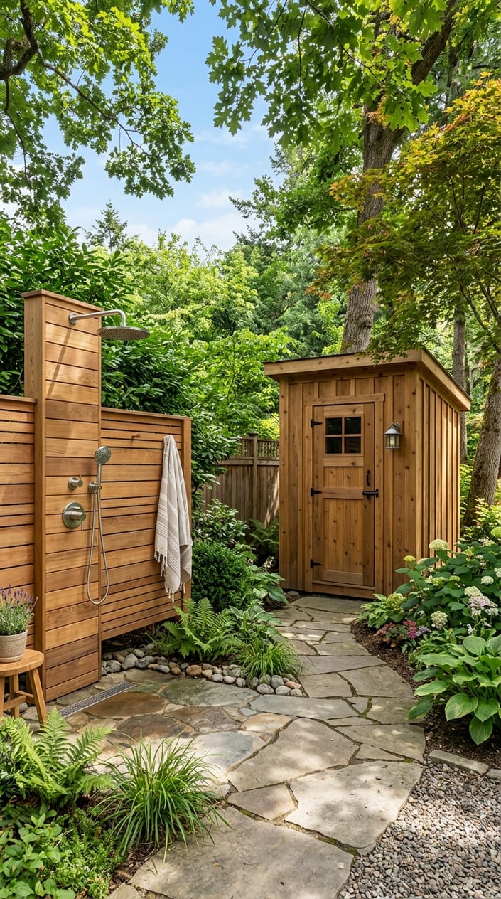 Outdoor cedar shower and matching privacy toilet cabana set in a green backyard with trees and plants.