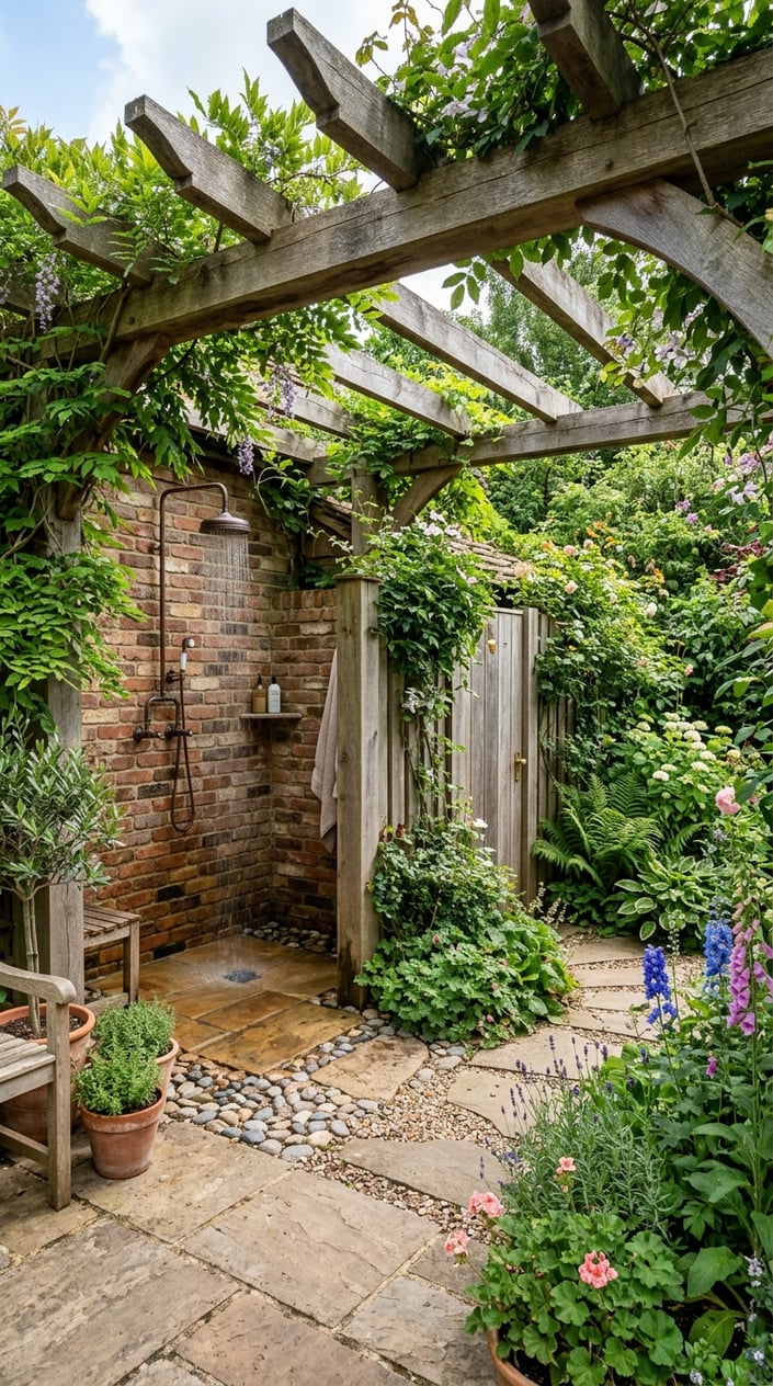 Outdoor patio with a pergola-covered brick shower and an enclosed garden toilet surrounded by plants.