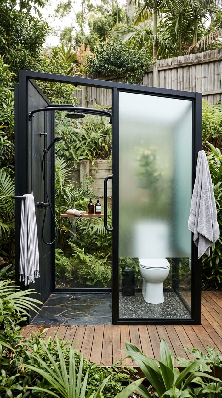 Outdoor shower and toilet area with a black metal frame and frosted glass panels surrounded by greenery.