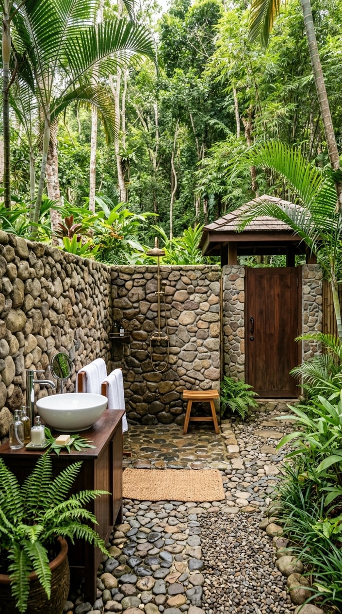 Outdoor spa shower area with river stone walls, a freestanding sink, and a separate toilet surrounded by greenery.