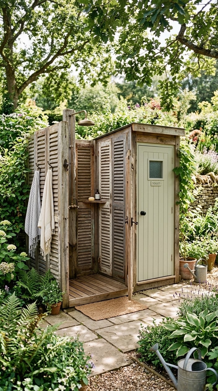 Outdoor shower booth made from wooden shutters next to a small compact toilet room surrounded by greenery.