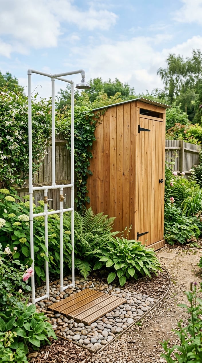 Outdoor garden shower made with PVC pipes next to a timber-clad portable toilet bay surrounded by plants.